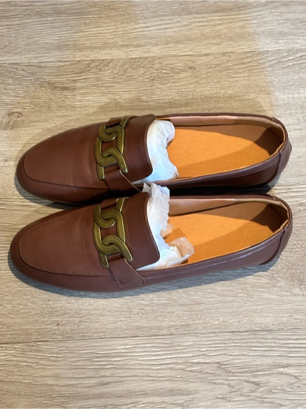Women Brown Leather Slip-On Loafers with Gold Chain Accent